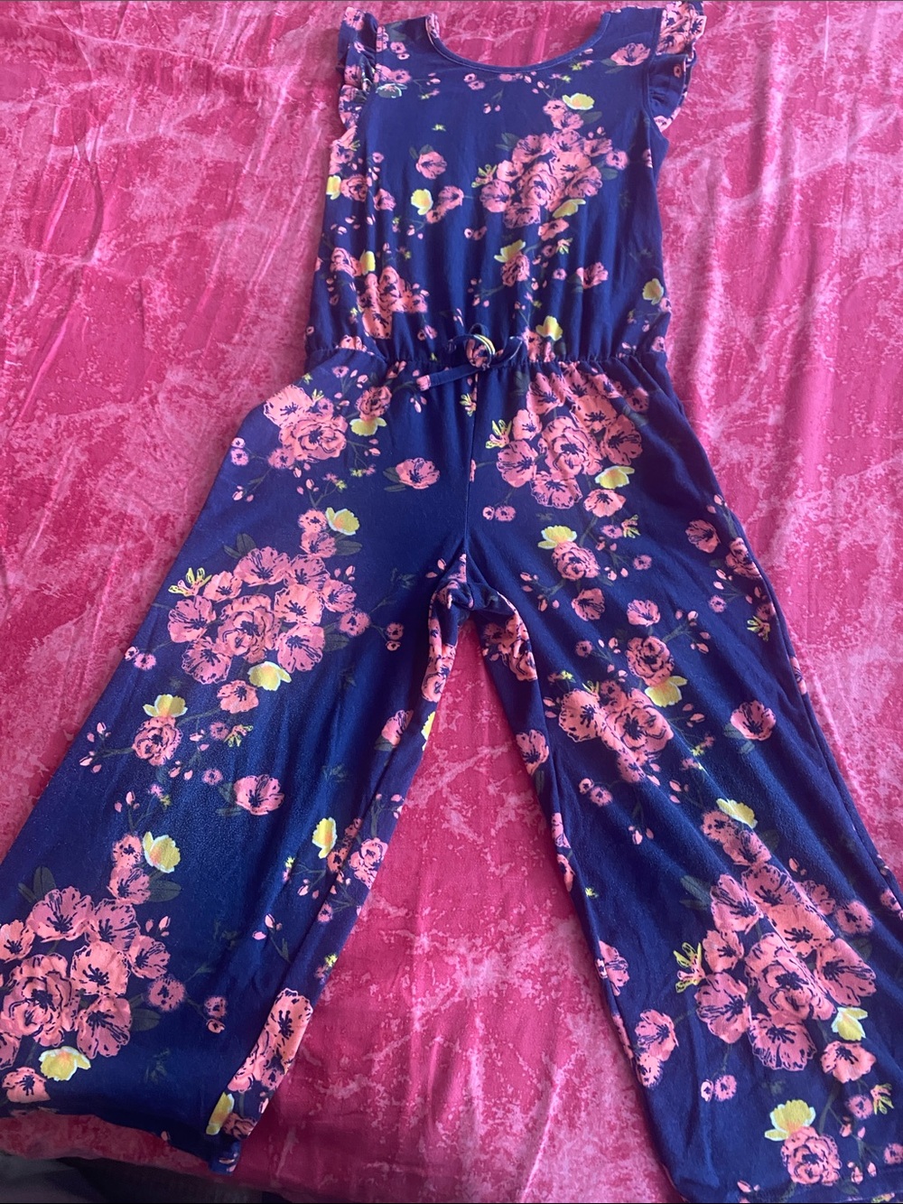 Epic Threads Navy Floral Jumpsuit with Pink and Yellow Flowers